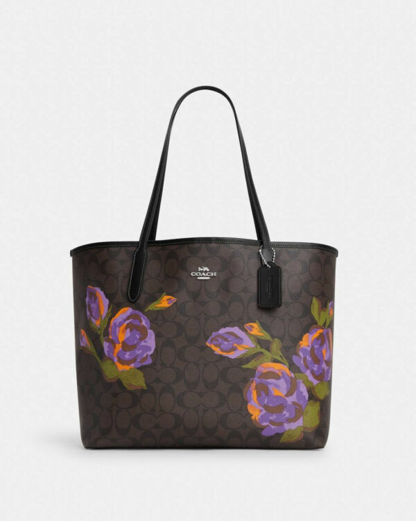 Coach City Tote In Signature Canvas With Rose Print (sv/brown/iris Multi)