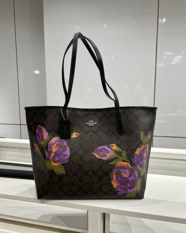 Coach City Tote In Signature Canvas With Rose Print (sv/brown/iris Multi) - Image 4