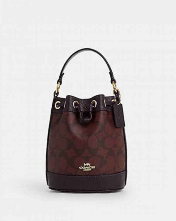Coach Dempsey Drawstring Bucket Bag 15 In Signature Canvas (gold/oxblood Multi)