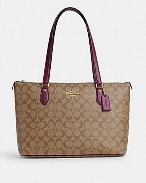 Coach Gallery Tote In Signature Canvas (gold/khaki/deep Berry)