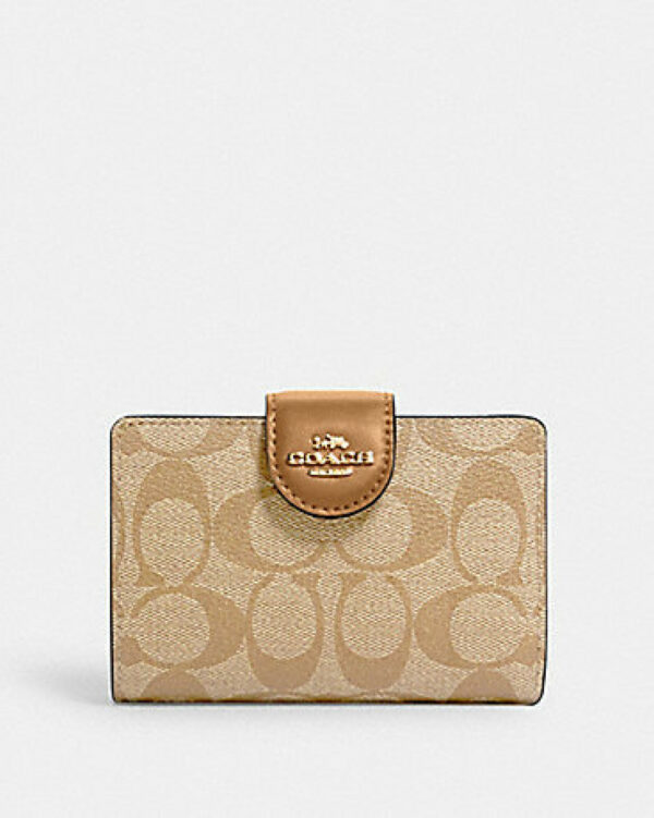 Coach Medium Corner Zip Wallet In Signature Canvas (Khaki Saddle)