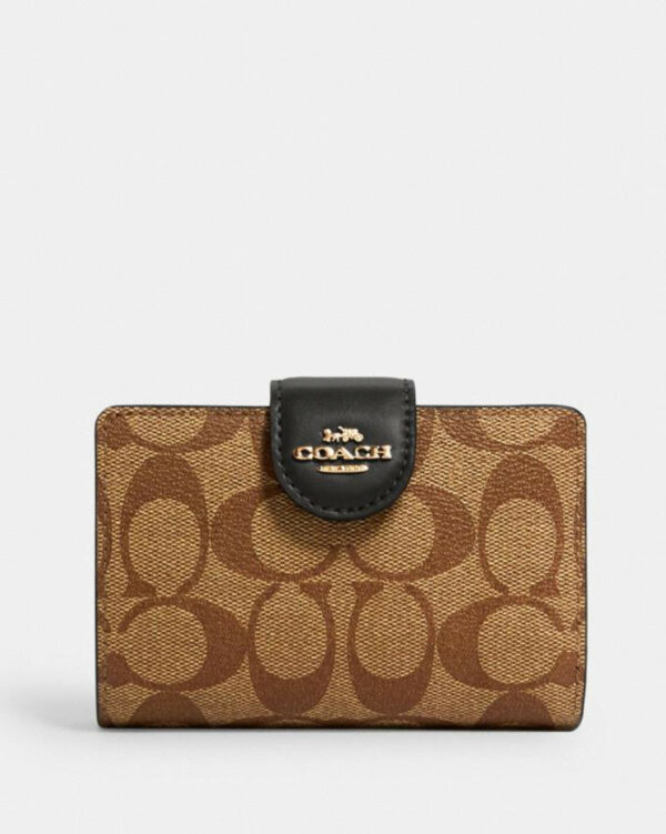 Coach Medium Corner Zip Wallet In Signature Canvas (Khaki Black)