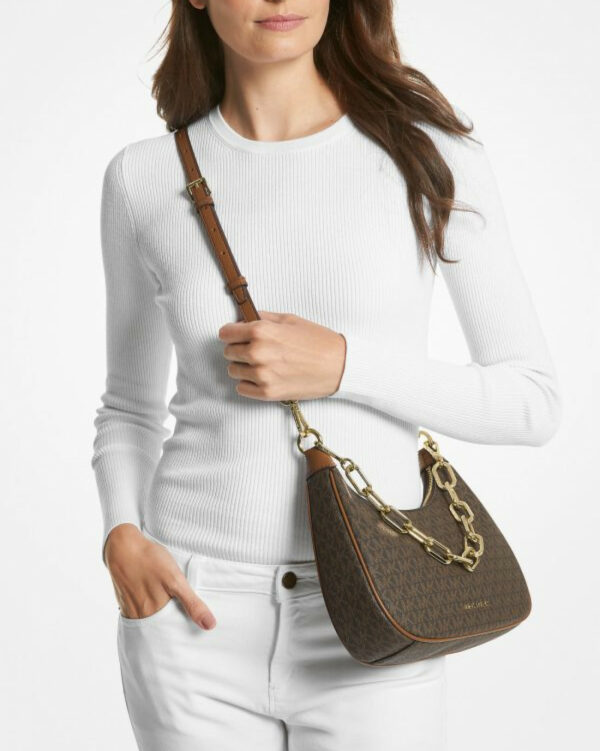 Michael Kors Cora Large Pebbled Leather Chain-Link Crossbody Bag (Black) - Image 2