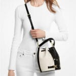 MICHAEL KORS REED MEDIUM TWO TONED PEBBLED LEATHER BUCKET BAG (BLACK MULTI)