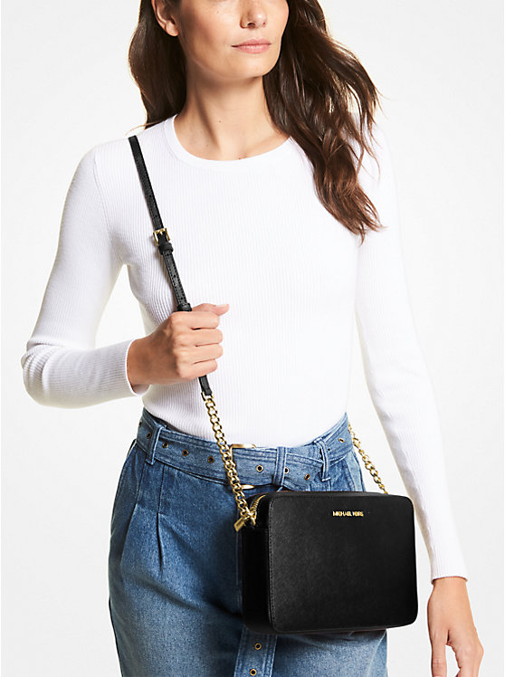Michael Kors Jet Set Large Saffiano Leather Crossbody Bag Black Butik Sarah Shaber