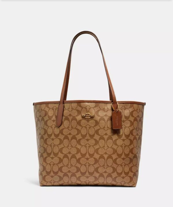Coach City Tote In Signature Canvas (khaki Saddle 2)