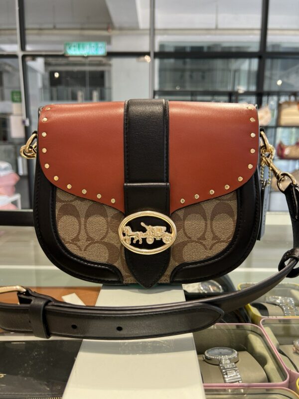 Coach Georgie Saddle Bag In Colorblock Signature Canvas With Rivets (terracotta Multi)