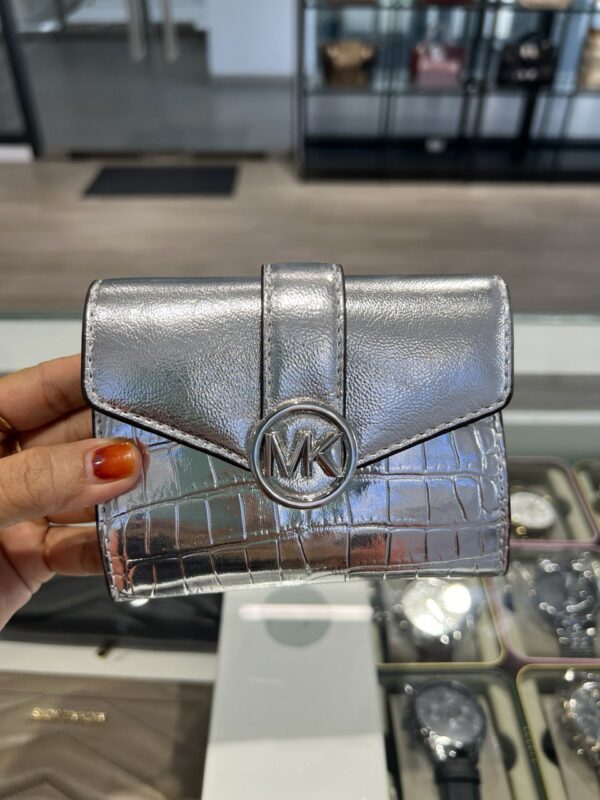 Michael Kors Carmen Medium Metallic Crocodile Embossed Tri-Fold Envelope Wallet (Silver) - Image 6