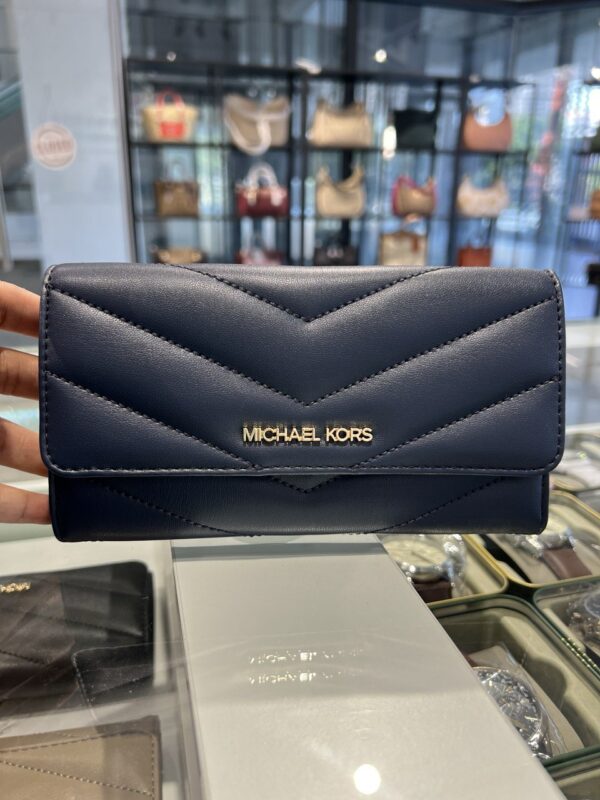 Michael Kors Jet Set Travel Leather Quilted Large Trifold Wallet (Navy)