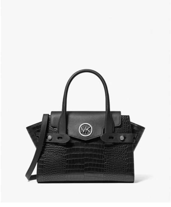Michael Kors Carmen Medium Crocodile Embossed Belted Satchel (Black)