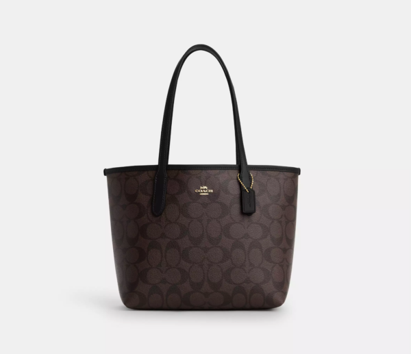 Coach Small City Tote Bag In Signature Canvas (Brown Black)