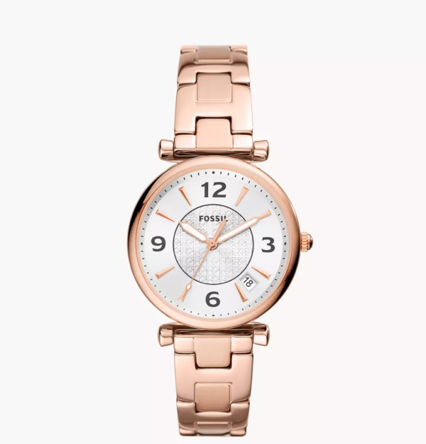 Fossil Carlie Three-Hand Date Rose Gold-Tone Stainless Steel Watch Women (ES5158)