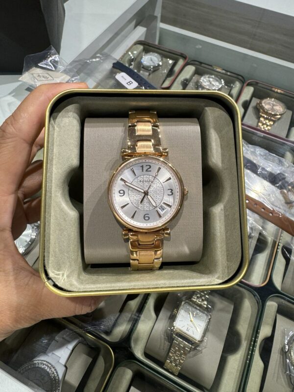 Fossil Carlie Three-Hand Date Rose Gold-Tone Stainless Steel Watch Women (ES5158) - Image 4