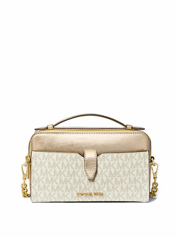 Michael Kors Jet Set Medium Signature Logo and Patent Double-Zip Crossbody Bag (Pale Gold)