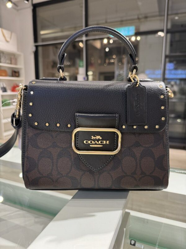 Coach Morgan Top Handle Satchel Bag Colorblock Signature Canvas With Rivets (Brown Black) - Image 2