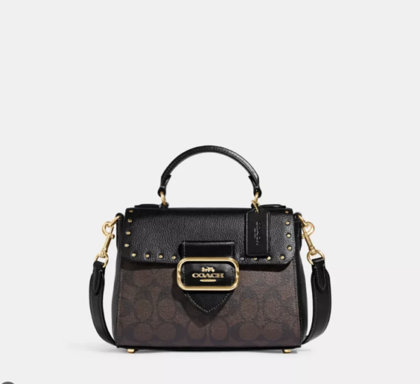 Coach Morgan Top Handle Satchel Bag Colorblock Signature Canvas With Rivets (Brown Black)