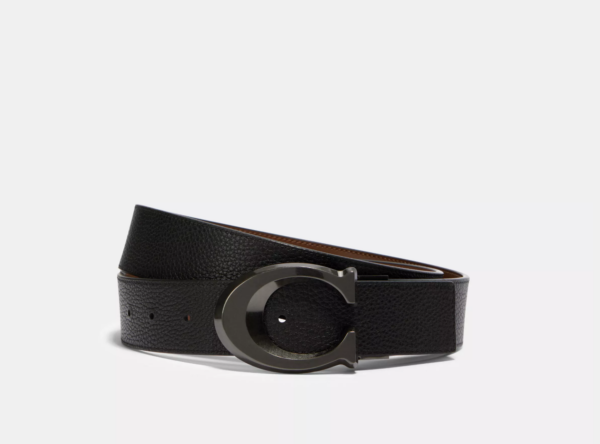 Pre Order-Coach Signature Buckle Cut To Size Reversible Belt, 38 Mm (Black Dark Saddle)