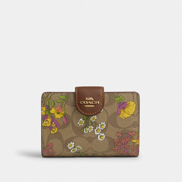 Coach Medium Corner Zip Wallet In Signature Canvas With Floral Print (Khaki Multi)