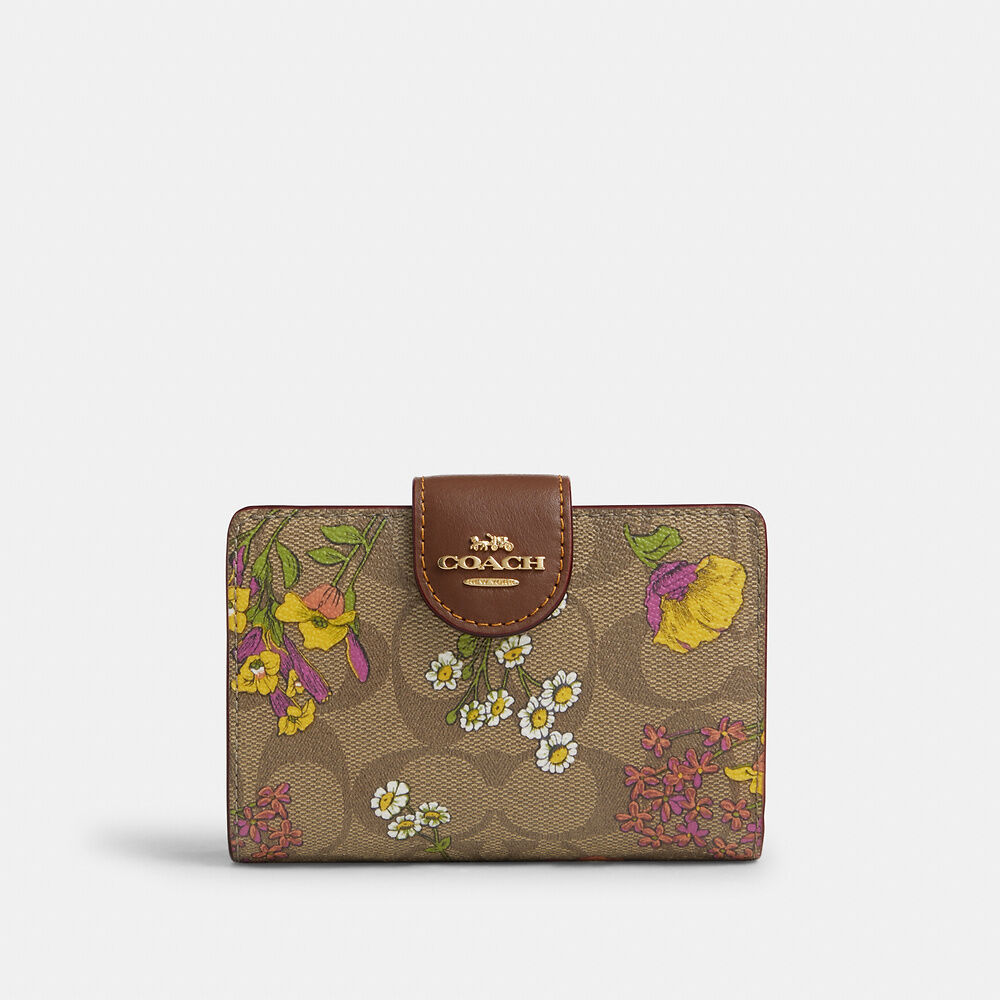 Coach Medium Corner Zip Wallet In Signature Canvas With Floral Print Khaki Multi Butik Sarah Shaber