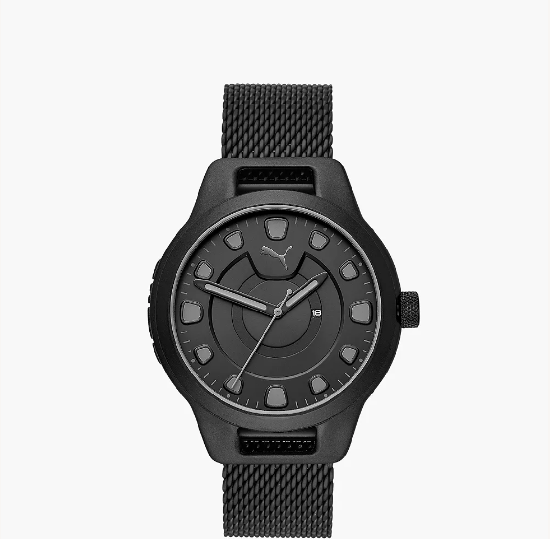 PUMA Men s Reset Three Hand Date Black Stainless Steel Watch P5007 Butik Sarah Shaber