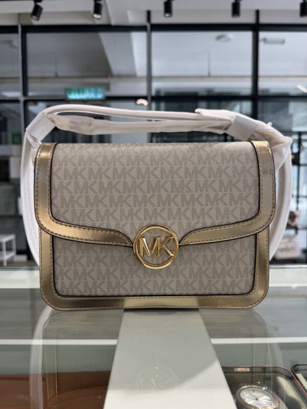 Michael Kors Leida Medium Metallic Signature Logo Shoulder Bag (Pale Gold) - Image 4