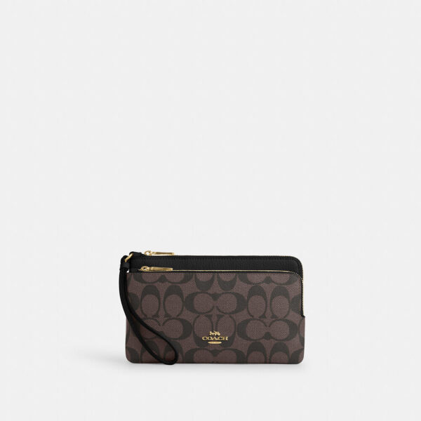 Coach Double Zip Wallet In Signature Canvas (Brown Black)
