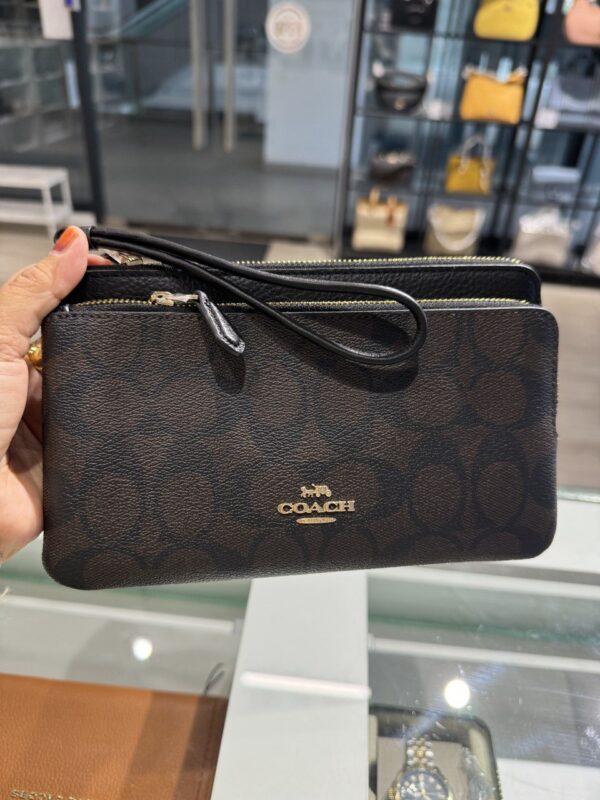 Coach Double Zip Wallet In Signature Canvas (Brown Black) - Image 4
