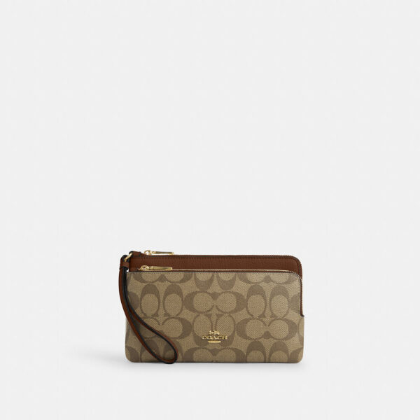 Coach Double Zip Wallet In Signature Canvas (Khaki Saddle)