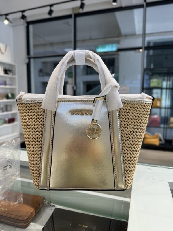 Michael Kors Pratt Small Metallic and Straw Tote Bag (Pale Gold) - Image 4