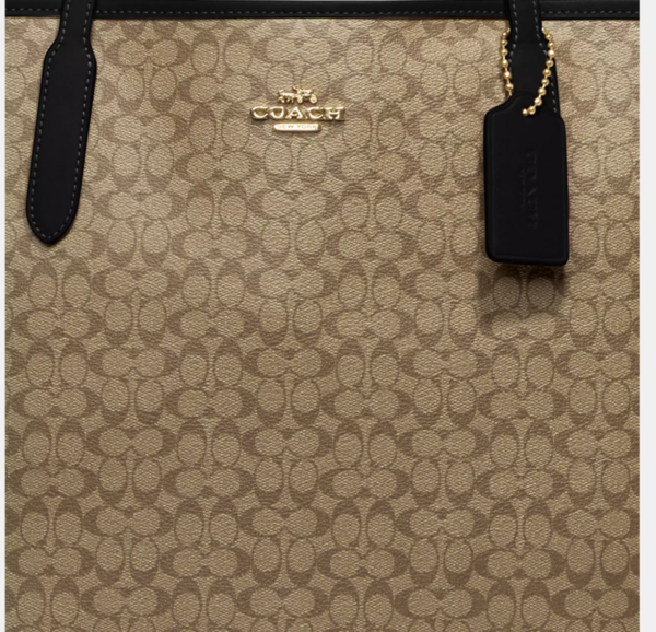 Coach City Tote Bag In Micro Signature Canvas (Khaki Black) - Image 6