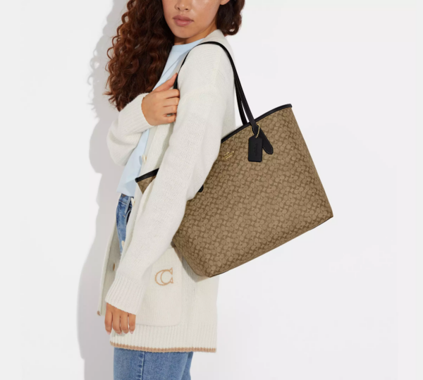 Coach City Tote Bag In Micro Signature Canvas (Khaki Black) - Image 2