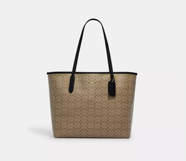 Coach City Tote Bag In Micro Signature Canvas (Khaki Black)