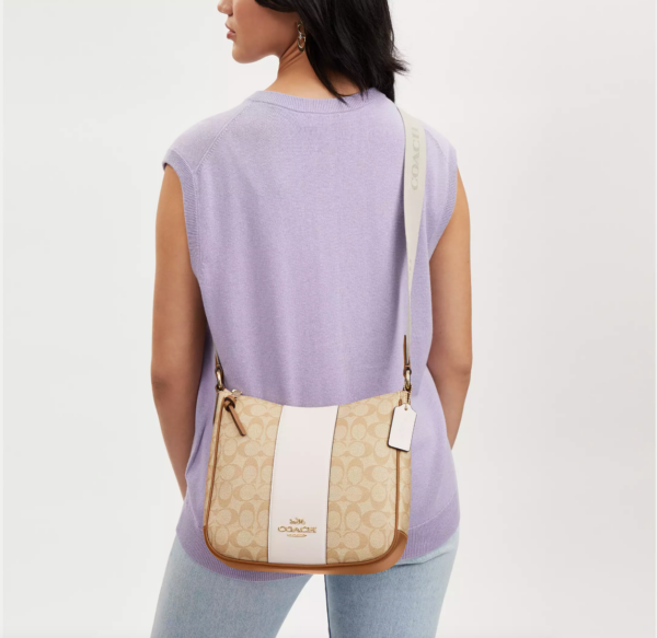 Coach Ellie File Bag In Signature Canvas With Stripe (Chalk Khaki Saddle) - Image 4