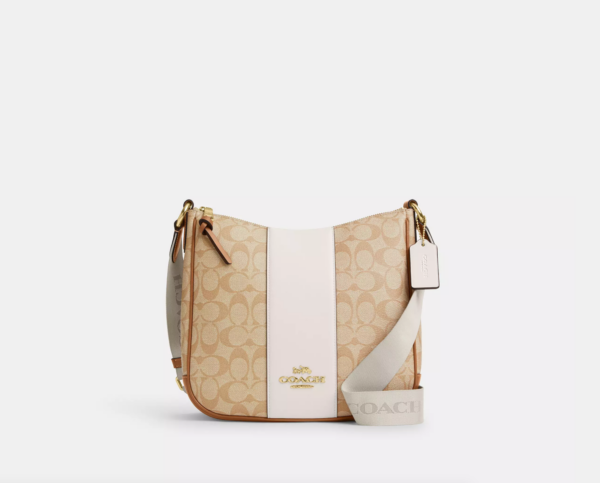 Coach Ellie File Bag In Signature Canvas With Stripe (Chalk Khaki Saddle)