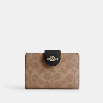 Coach Medium Corner Zip Wallet In Signature Canvas (Tan Black)