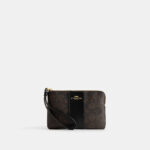 Coach Corner Zip Wristlet In Signature Canvas With Stripe (Brown Black)