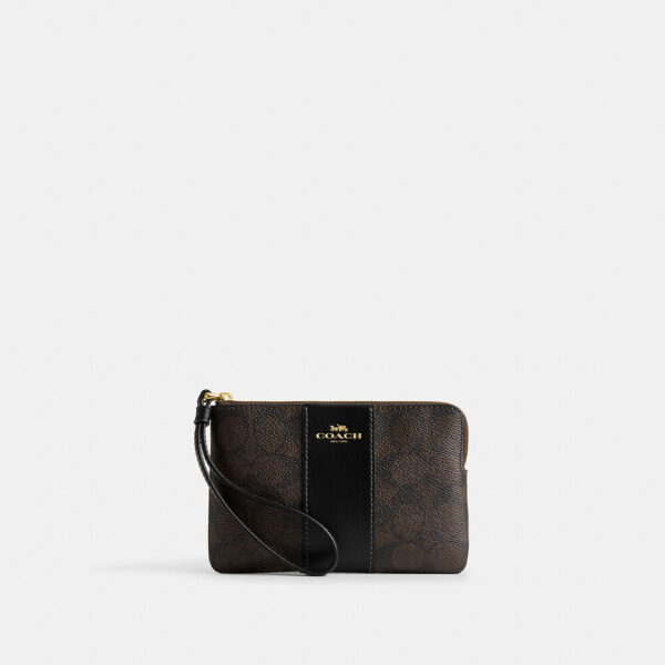 Coach Corner Zip Wristlet In Signature Canvas With Stripe (Brown Black)