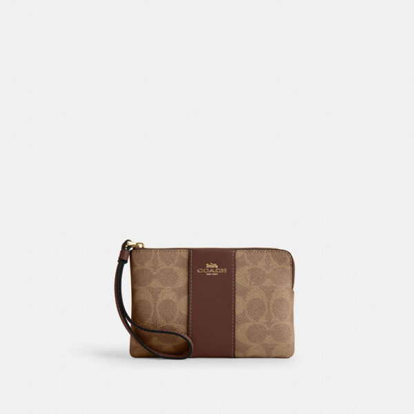 Coach Corner Zip Wristlet In Signature Canvas With Stripe (Tan Brown)