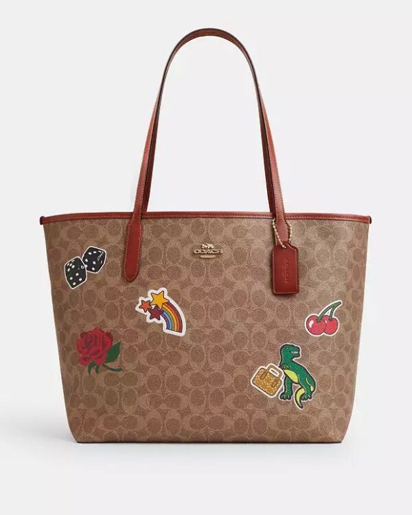 Coach City Tote Bag In Signature Canvas With Sticker Print (Tan Multi)