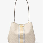 Michael Kors Pratt Medium Signature Logo and Metallic Shoulder Bag (Pale Gold)