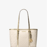 PRE ORDER - Michael Kors Jet Set Travel Small Metallic Logo Top-Zip Tote Bag (Pale Gold)