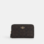 Coach Medium Id Zip Wallet In Signature Canvas (Walnut Black)