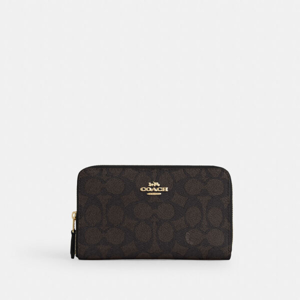 Coach Medium Id Zip Wallet In Signature Canvas (Walnut Black)