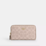 Coach Medium Id Zip Wallet In Signature Canvas (Sand Chalk)