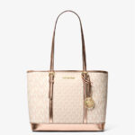 Michael Kors Jet Set Travel Small Metallic Logo Top-Zip Tote Bag (Vanilla Rose Gold)