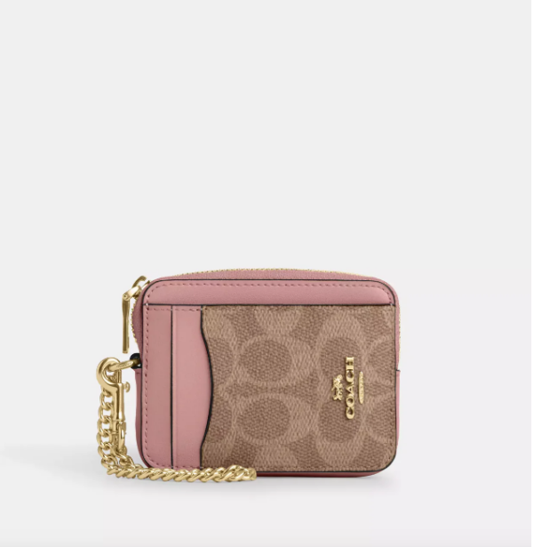Coach Zip Card Case In Signature Canvas (Pink Petal)