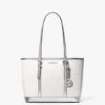 Michael Kors Jet Set Travel Small Metallic Logo Top-Zip Tote Bag(Silver Argent)