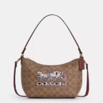 Coach Zip Top Shoulder Bag Signature Canvas & Leather Horse Carriage Print (Tan Black Cherry)