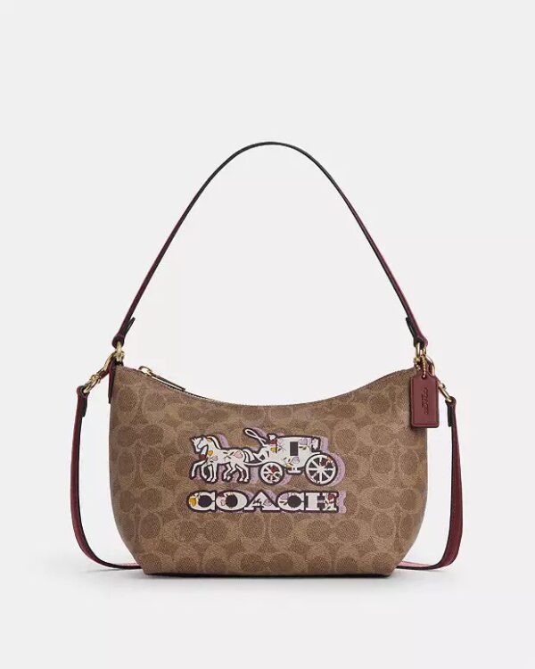Coach Zip Top Shoulder Bag Signature Canvas & Leather Horse Carriage Print (Tan Black Cherry)