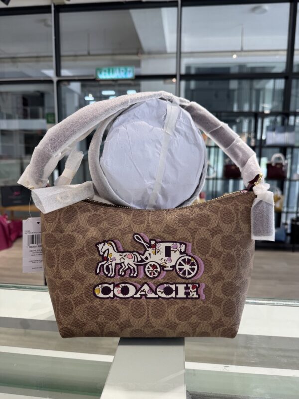 Coach Zip Top Shoulder Bag Signature Canvas & Leather Horse Carriage Print (Tan Black Cherry) - Image 2